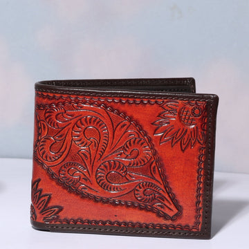 Hemener Men Red Carved Genuine Leather Wallet