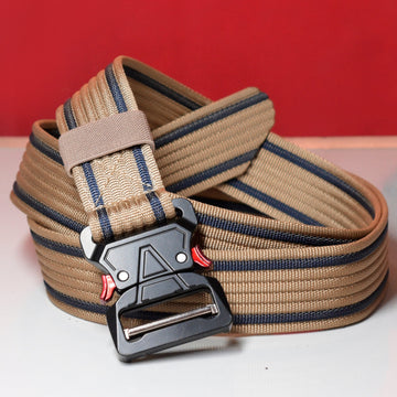 Hemener Unisex Beige Metal Push Lock Buckle Nylon Canvas Braided Belt